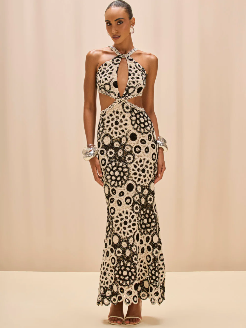 Coral Crochet Maxi Dress Black & White – Splash