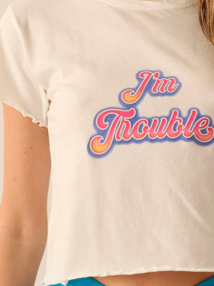 I'm Trouble Cropped Lettuce Edge Graphic Baby Tee Ivory