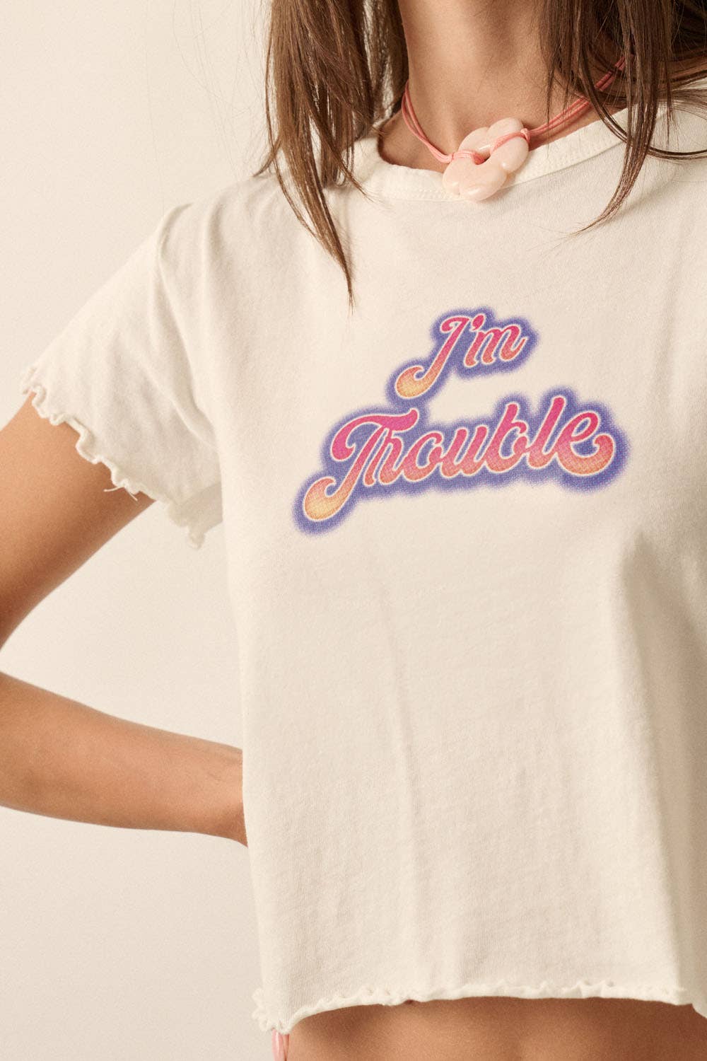 I'm Trouble Cropped Lettuce Edge Graphic Baby Tee Ivory