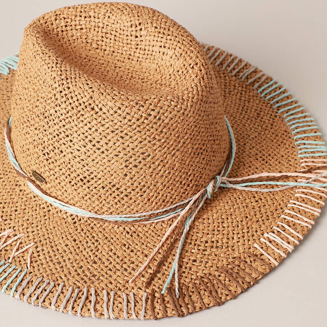 Multi-Colored Stitched Brim Panama Hat Natural