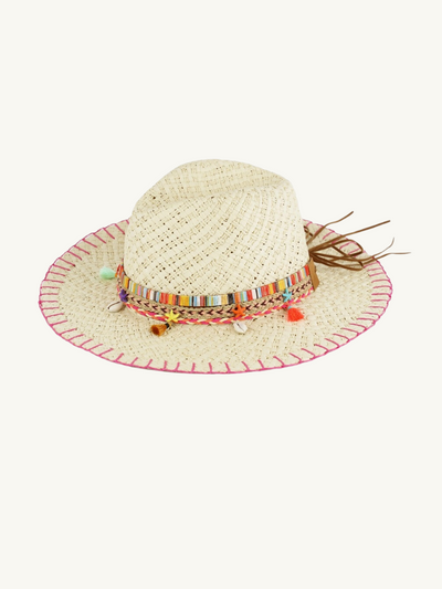 Stitch Edged Straw Sun Hat Hot Pink