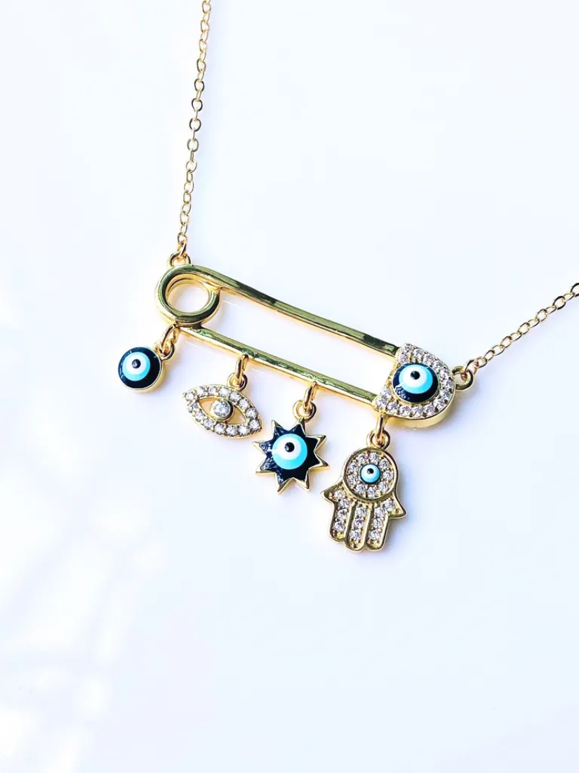 Evil Eye Safety Pin Necklace