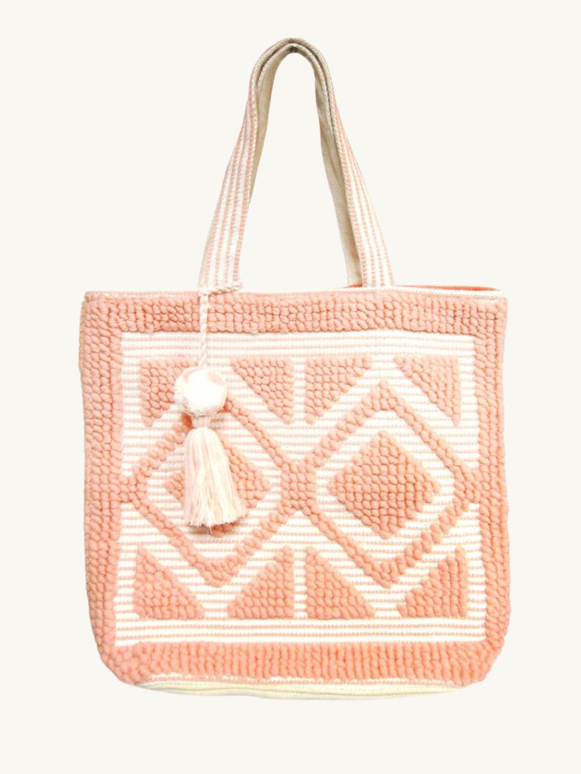 Boho Woven Pom Pom Tote Bag Peach