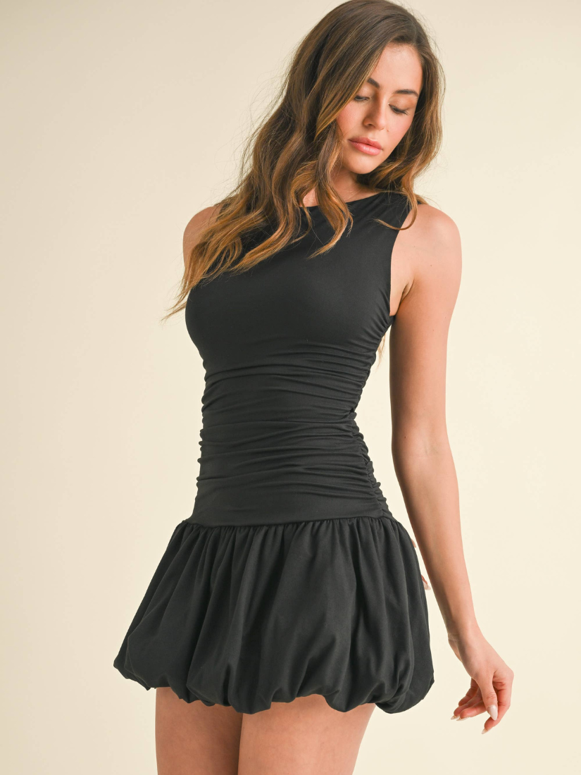 Boatneck Sleeveless Balloon Skirt Mini Black