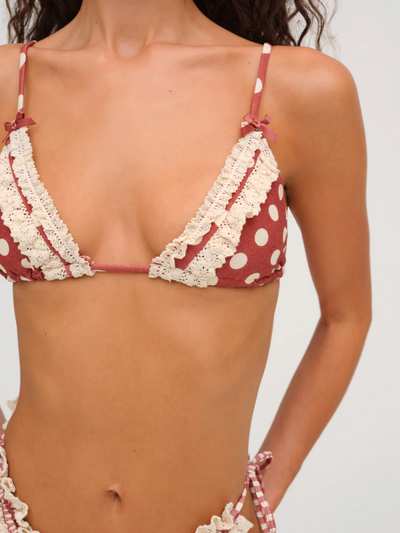 Denim Dot Bikini Top Red