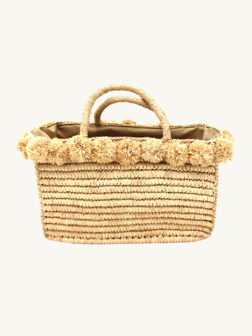 Rico Straw Basket with PomPom Trim Natural