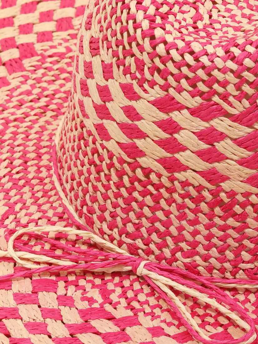 Checkered Straw Weave Sun Hat Fuchsia