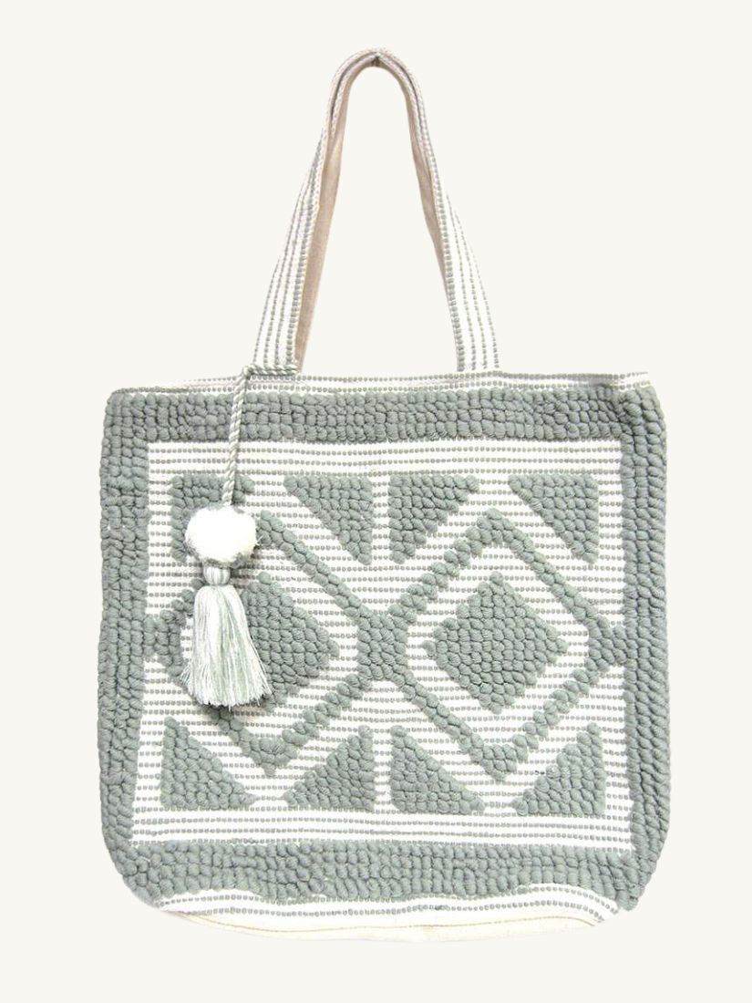 Boho Woven Pom Pom Tote Bag Gray