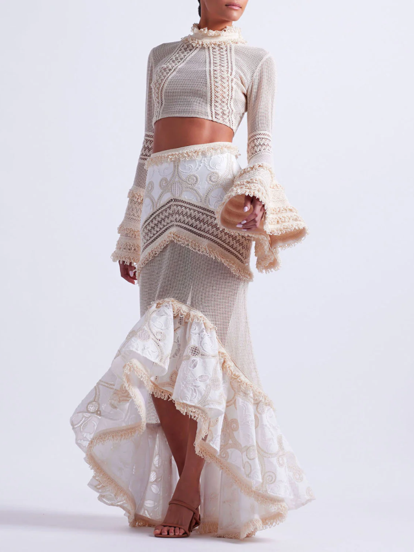 Fluted Lace Maxi Skirt Natural