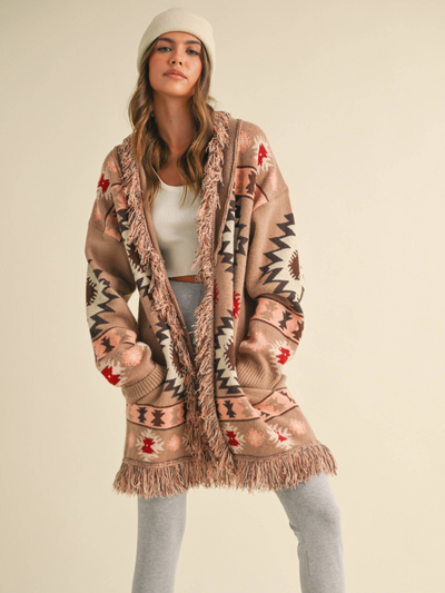 Aztec Printed Fringed Long Cardigan Taupe