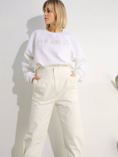 Christmas Merry Embroidery Sweatshirt White