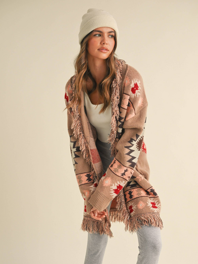 Aztec Printed Fringed Long Cardigan Taupe