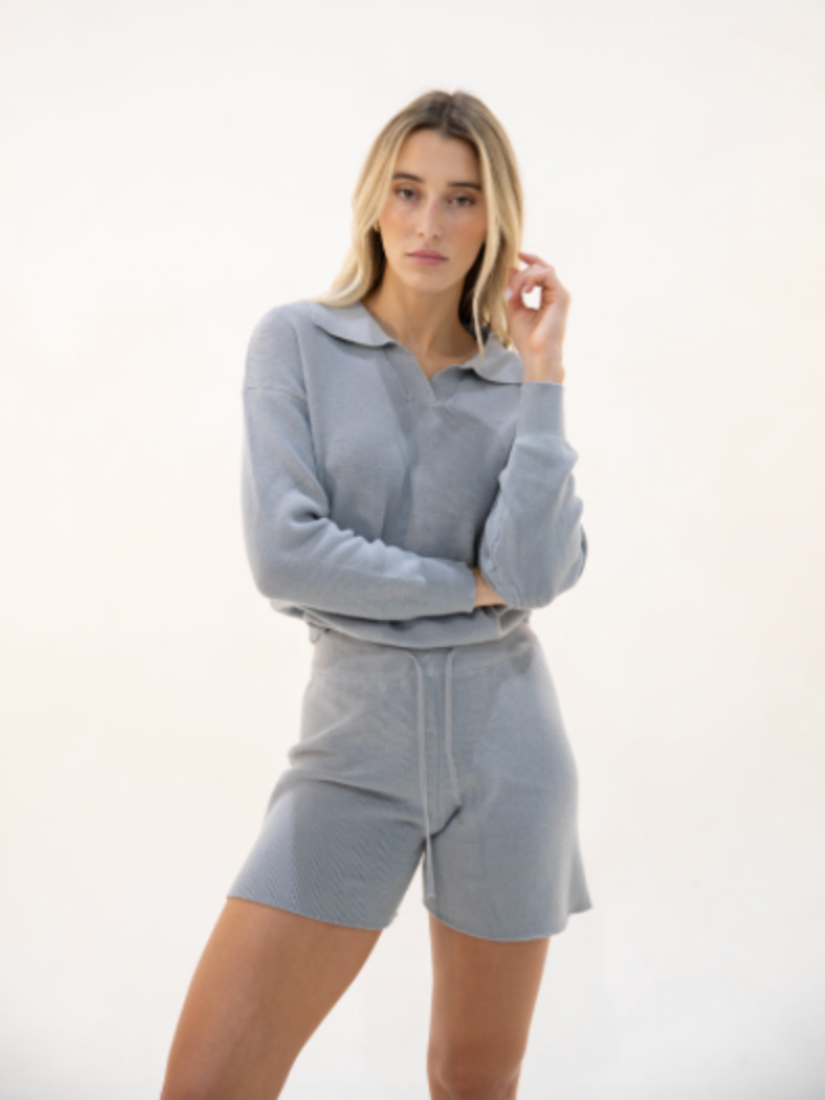 Knitted V-Neck Sweater Short Set Grey