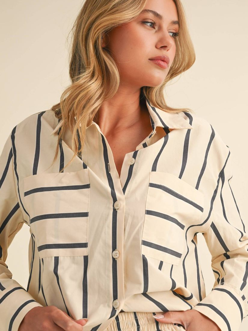 Long Sleeve Striped Button Down Shorts Set