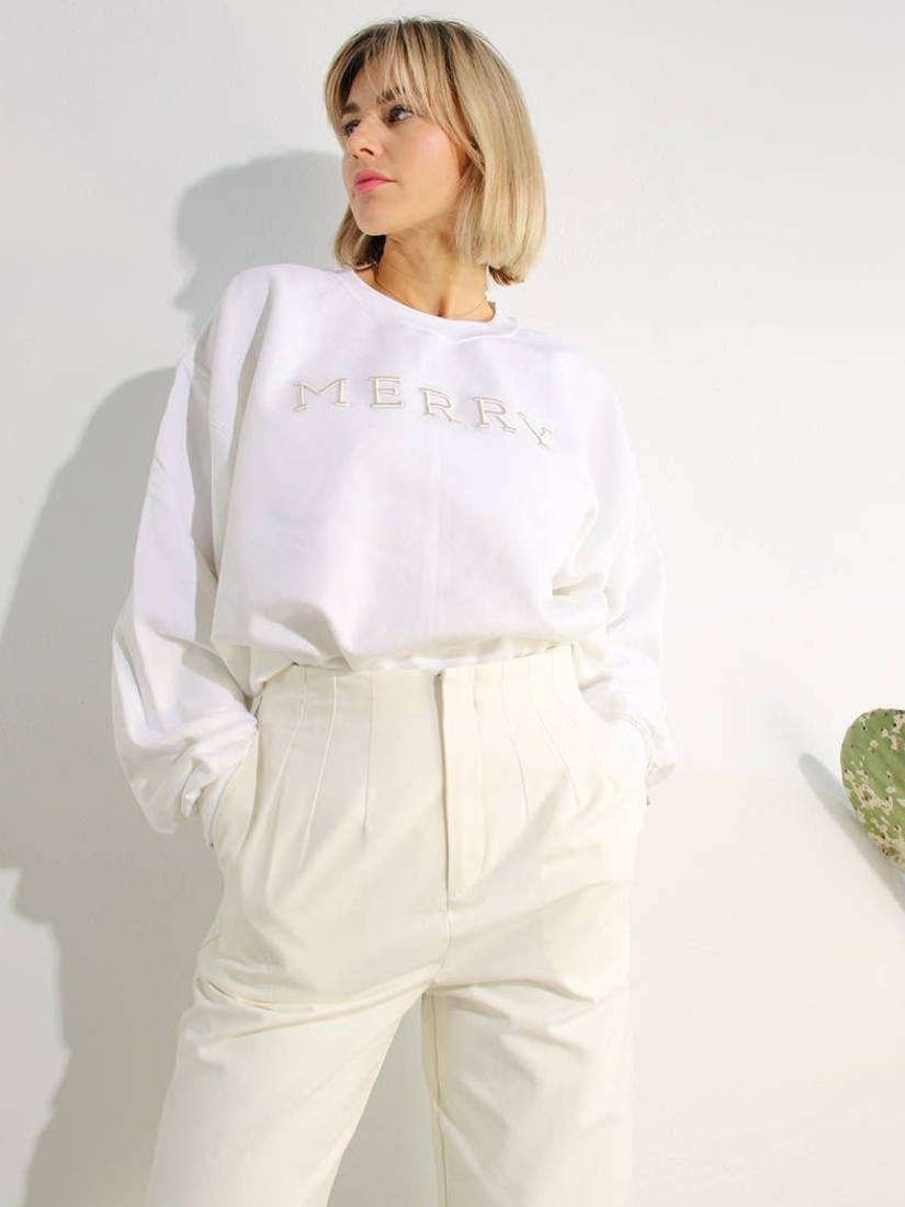 Christmas Merry Embroidery Sweatshirt White