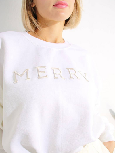 Christmas Merry Embroidery Sweatshirt White