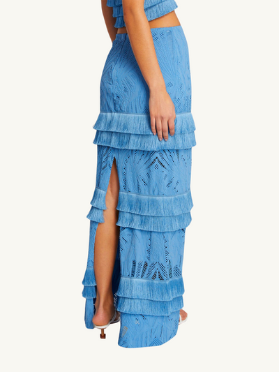 Fringe Trim Lace Maxi Skirt Sky