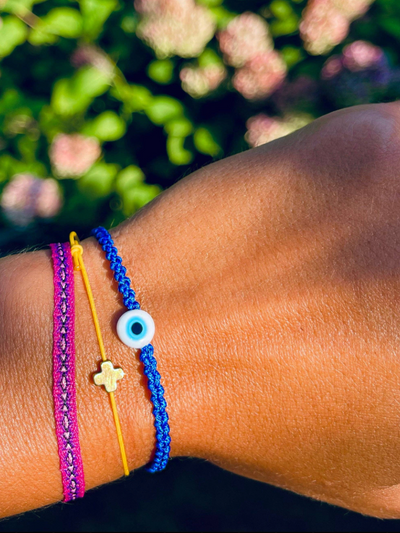 Evil Eye Braided Bead Bracelet: Silver