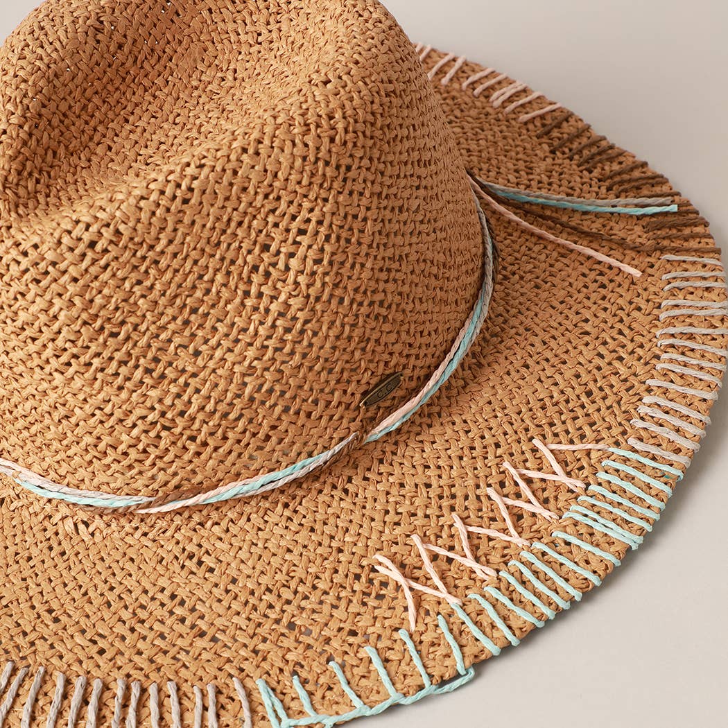 Multi-Colored Stitched Brim Panama Hat Natural