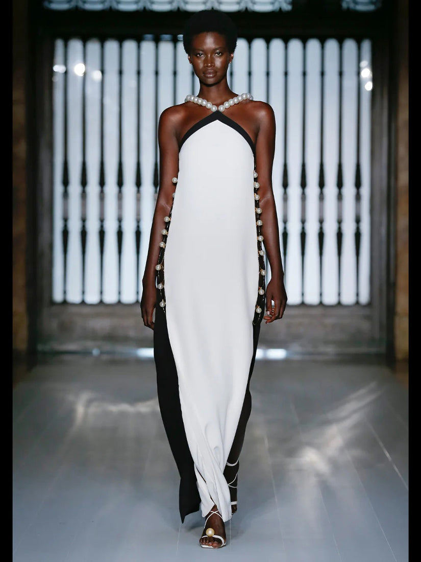 Colorblock Pearl Beaded Maxi Dress Black