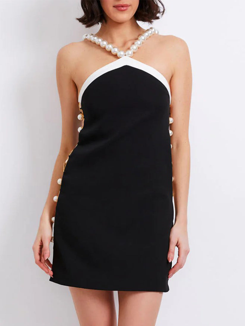 Colorblock Pearl Beaded Mini Dress Black