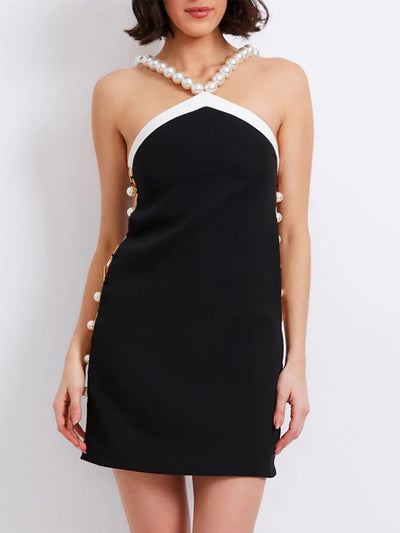 Colorblock Pearl Beaded Mini Dress Black