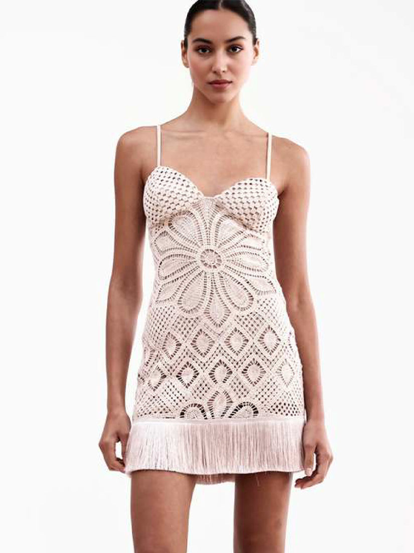 Flower Crochet Embroidered Mini Dress Beige