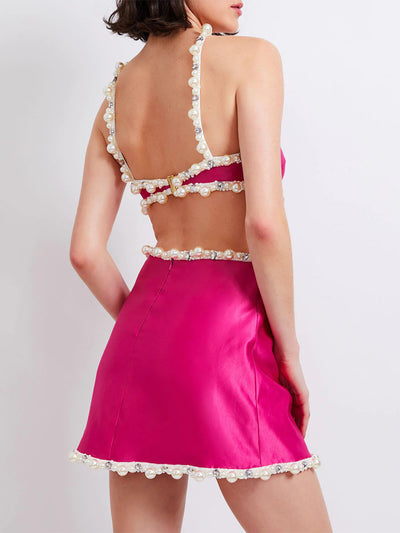 Hand Beaded Pearl and Rhinestone Mini Dress Fuchsia