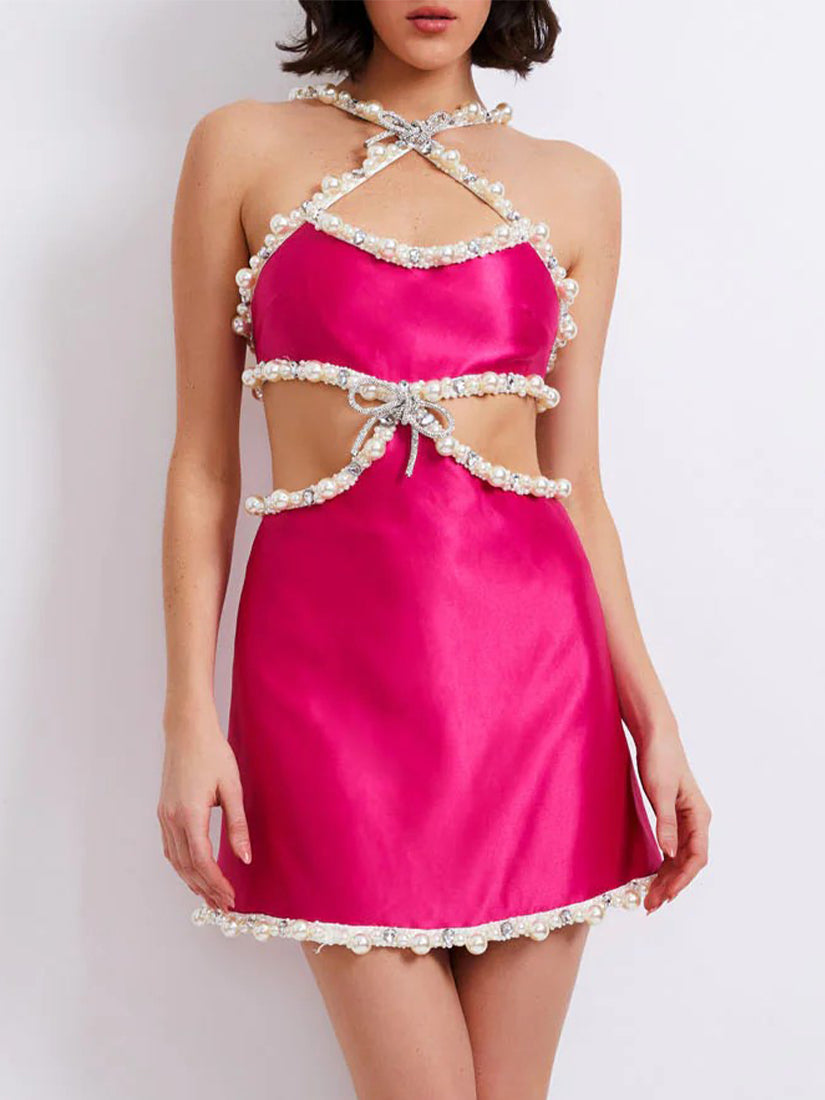 Hand Beaded Pearl and Rhinestone Mini Dress Fuchsia