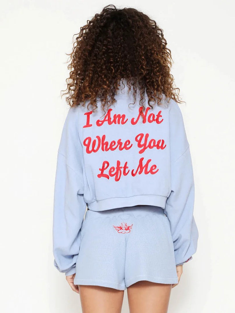I Am Not Where You Left Me Henley Cropped Crewneck Steel Blue