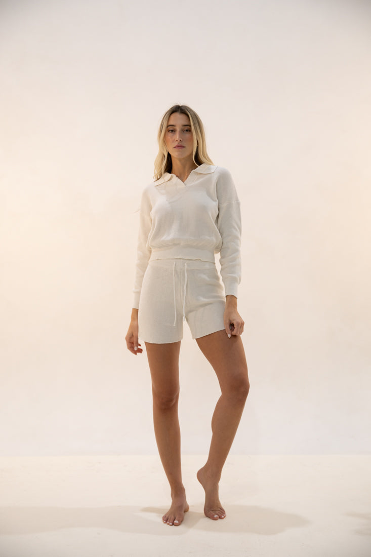 Knitted V-Neck Sweater Short Set White