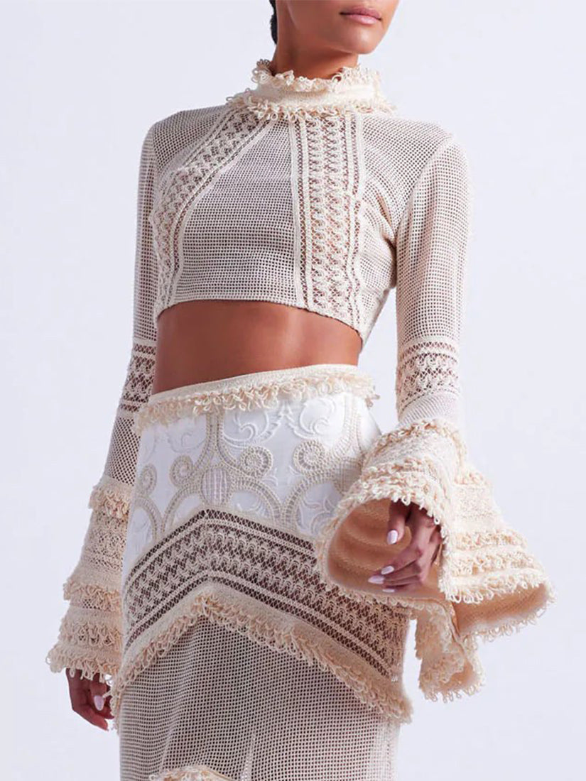 Woven Bell Sleeve Cropped Top Wheat