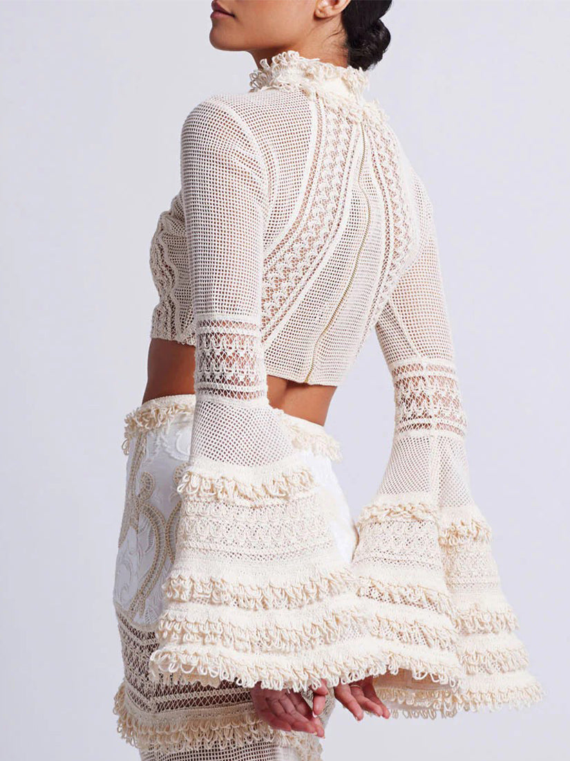 Woven Bell Sleeve Cropped Top Wheat