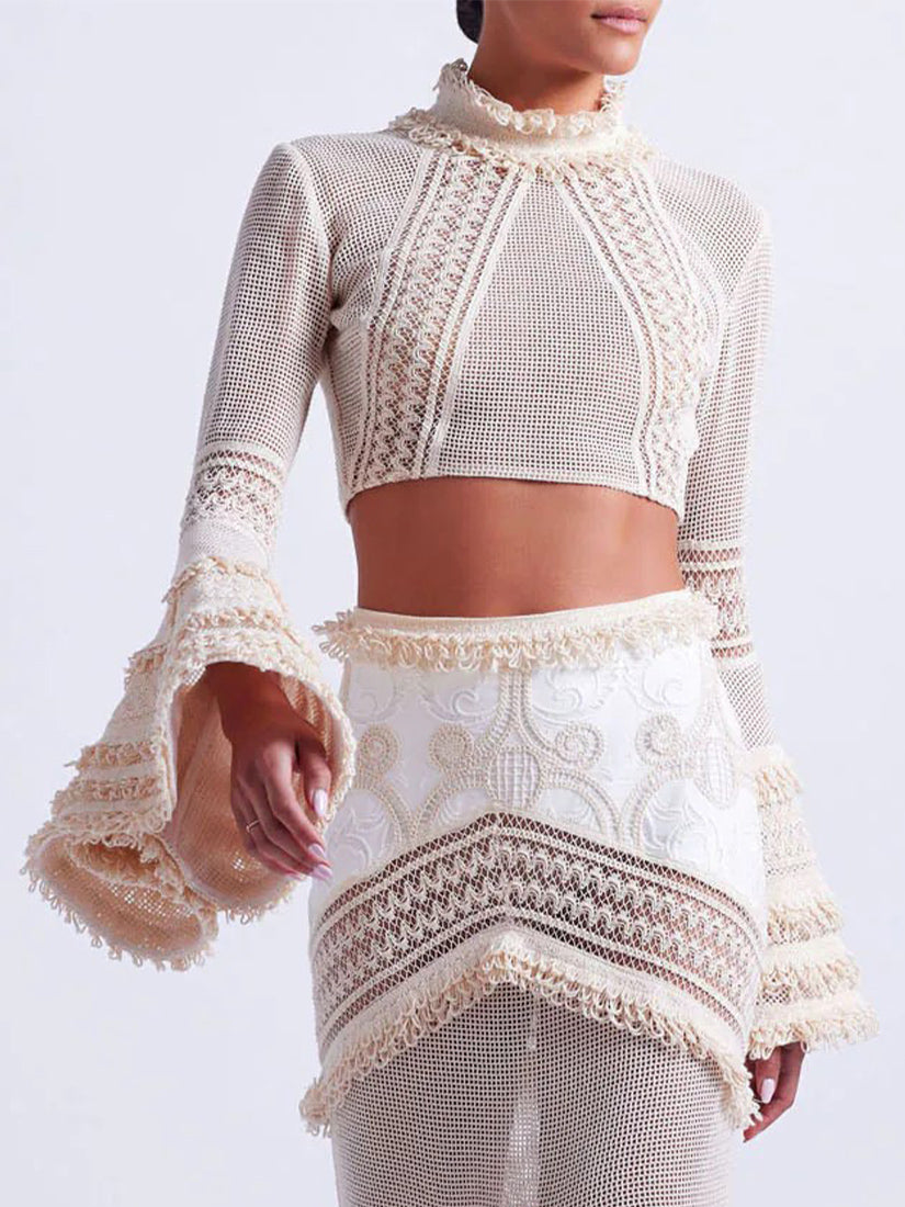 Woven Bell Sleeve Cropped Top Wheat