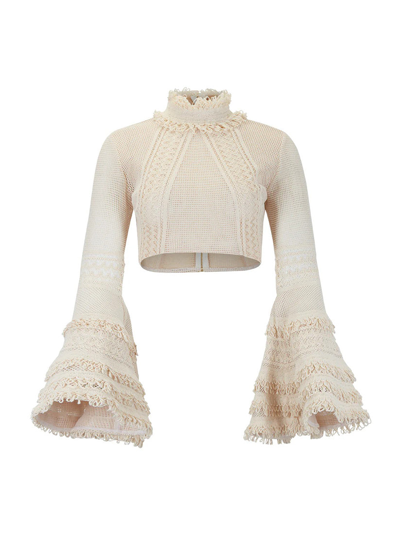 Woven Bell Sleeve Cropped Top Wheat