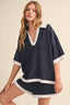 Knitted Collar Contrast Edge Set Navy