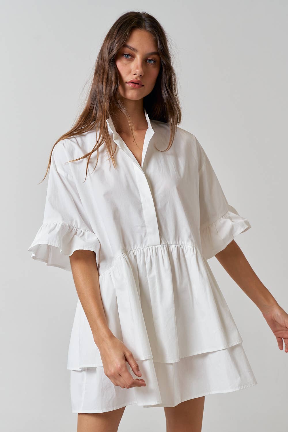 Ruffle Detail Button Up Shirt Dress Off-White