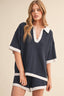 Knitted Collar Contrast Edge Set Navy