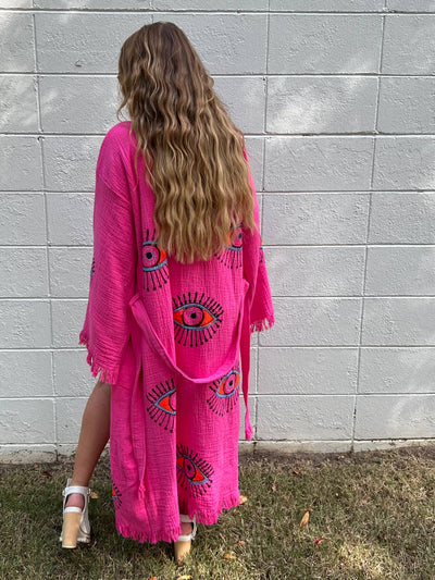 Evil Eye Long Kaftan Hot Pink