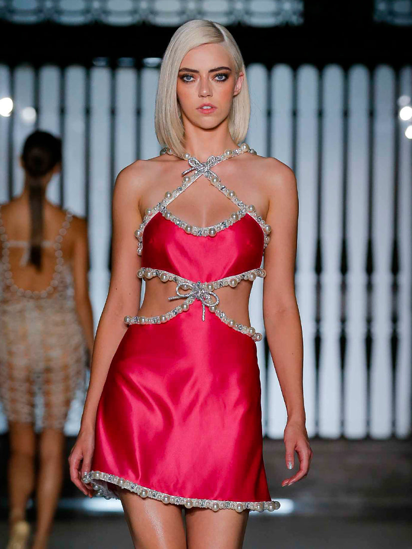 Hand Beaded Pearl and Rhinestone Mini Dress Fuchsia